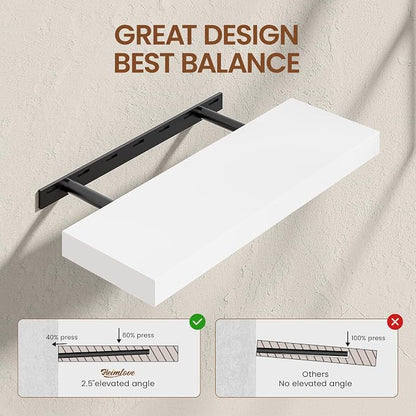 Heimlove Wooden Floating Shelves for Wall, White Pine Shelves Set of 2, 24 in Rustic Wood 8 Inch Deep Floating Shelf with Invisible Brackets for Bedroom Kitchen Living Room - Classic White