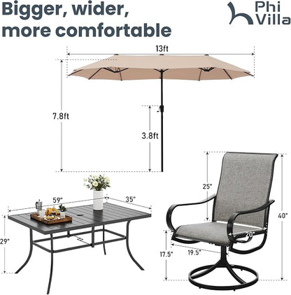 PHI VILLA 8 Piece Outdoor Dining Set with 13ft Patio Beige Umbrella, 6 Swivel Textilene Fabric Dining Chairs & 1 Large Metal Table for Garden Backyard Poolside Deck (No Umbrella Base)