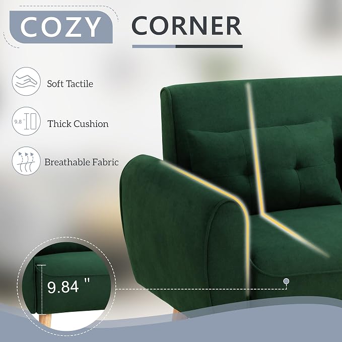 Shintenchi 48'' Loveseat Sofa, Mid-Century Modern Upholstered Couch Deep Seat with 2 Pillows, 10" Thick Cushion with Spring, Solid Wood Frame Small Couch for Living Room, Dorms & Office, Green