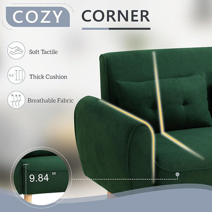 Shintenchi 48'' Loveseat Sofa, Mid-Century Modern Upholstered Couch Deep Seat with 2 Pillows, 10" Thick Cushion with Spring, Solid Wood Frame Small Couch for Living Room, Dorms & Office, Green