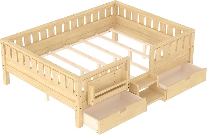 Queen Platform Bed with Drawers and Bookshelves, Kids Platform Bed Frame with Low-profile Stairs and Full-length Guardrails, Queen Bed Frame for Boys, Girls, No Box Spring Needed, Light Nature