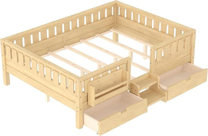 Queen Platform Bed with Drawers and Bookshelves, Kids Platform Bed Frame with Low-profile Stairs and Full-length Guardrails, Queen Bed Frame for Boys, Girls, No Box Spring Needed, Light Nature