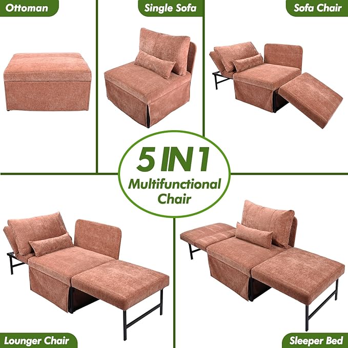 ZZW Sleeper Chair Bed Upgrade 4-in-1 to 5-in-1 Convertible Multi-fuction Sofa Chair w/Adjustable Backrest Assembly-Free Linen Folding Sofa Ottoman Bed for Living Room Apartment (Warm Brown)