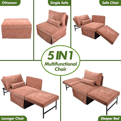 ZZW Sleeper Chair Bed Upgrade 4-in-1 to 5-in-1 Convertible Multi-fuction Sofa Chair w/Adjustable Backrest Assembly-Free Linen Folding Sofa Ottoman Bed for Living Room Apartment (Warm Brown)