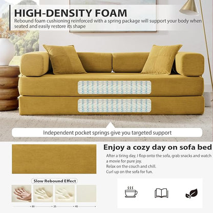 HANXIN 78 Inch Convertible Sleeper Sofa Bed, Folding Floor Mattress Couch with Fixed-Shape Frame, Futon Boneless Couch Lounge Loveseat with Pull Out Bed, No Assembly Required (Yellow)