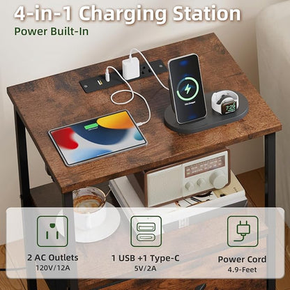 Somdot Tall Nightstand with Charging Station and LED Light for Bedroom, 3 Drawers Dresser with Fabric Bins for Bedside Kids Dorm Room Closet Laundry Entryway, Wood Grain Print