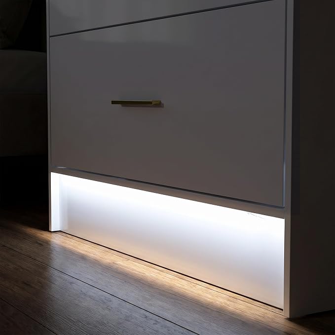 Armoire Wardrobe Closet with Mirror, Light and Fluted Doors, Tall Bedroom Armoire with Hanging Rod and 2 Drawers, White