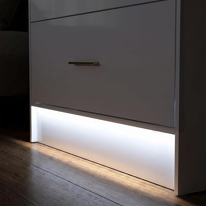 Armoire Wardrobe Closet with Mirror, Light and Fluted Doors, Tall Bedroom Armoire with Hanging Rod and 2 Drawers, White
