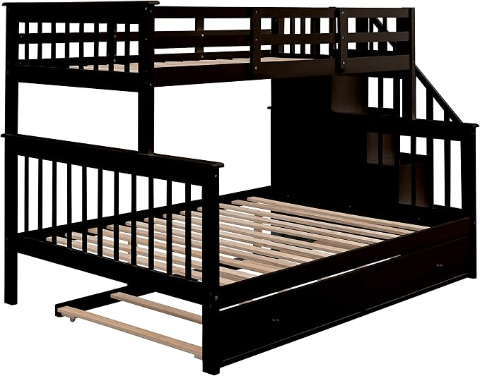 MERITLINE Twin Over Full Bunk Bed with Trundle, Storage Staircase,Solid Wood Bunk Bed with Stairs Box and Guardrail, No Spring Box Needed (Espresso &Trundle,Twin Over Full)