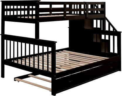 MERITLINE Twin Over Full Bunk Bed with Trundle, Storage Staircase,Solid Wood Bunk Bed with Stairs Box and Guardrail, No Spring Box Needed (Espresso &Trundle,Twin Over Full)