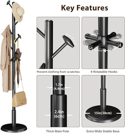 Taitiy Solid Wood Coat Rack Freestanding Coat Tree with 10 Hooks for Bedroom, Livingroom, Entryway, Sturdy Coat Hanger Stand for Hats, Coats, Scarves, Handbags, Purses