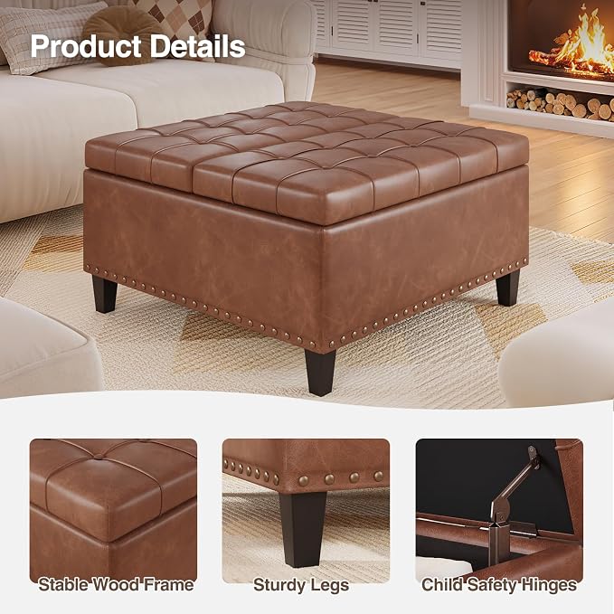 FiveWillowise Square Leather Ottoman with Storage, Faux Leather Coffee Table with Lift Top,Large Upholstered Footrest Stool Toy Box Storage Bench for Bedroom Living Room, Brown