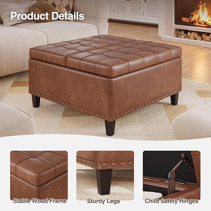 FiveWillowise Square Leather Ottoman with Storage, Faux Leather Coffee Table with Lift Top,Large Upholstered Footrest Stool Toy Box Storage Bench for Bedroom Living Room, Brown