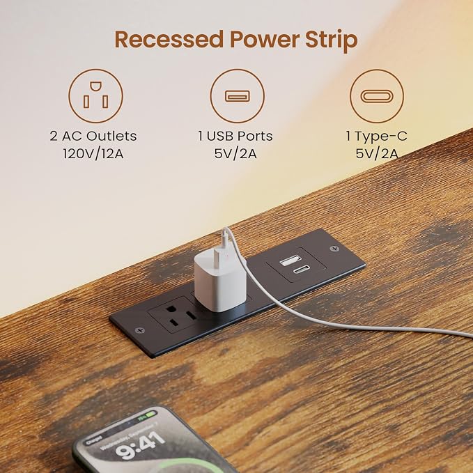 SEDETA 94.5" Home Office Desks, Computer Gaming Desk with Storage, LED Lights, Power Strip with USB, Keyboard Tray & Monitor Stand, Extra Long Double Desk for 2 Person, Rustic Brown