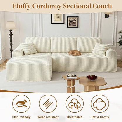 110" L Shaped Boneless Sectional Couches for Living Room, Comfy Corduroy Floor Cloud Sofa with Chaise, Wide Armrest, Deep Seat, Memory Foam, Assembly Free, Ideal for Small Spaces, Beige