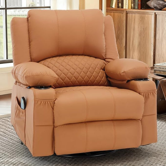 Faux Leather Recliner Chair with Heat and Massage Cup Holder, Overstuffed Swivel Rocker Recliner Chair Rocking Glider Chair Lounge Chair, Orange
