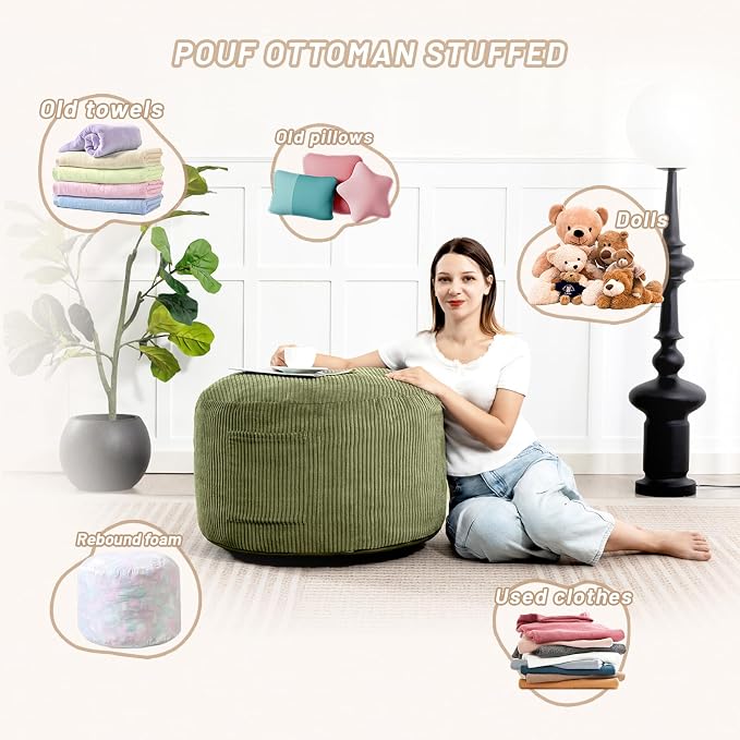 Round Stuffed Pouf Ottoman,Corduroy Foot Rest with Rebound Foam Filled, Furry and Fluffy Foot Stool Ottoman, Floor Poufs for Living Room (Green, 26" D x 26" W x 18" H)