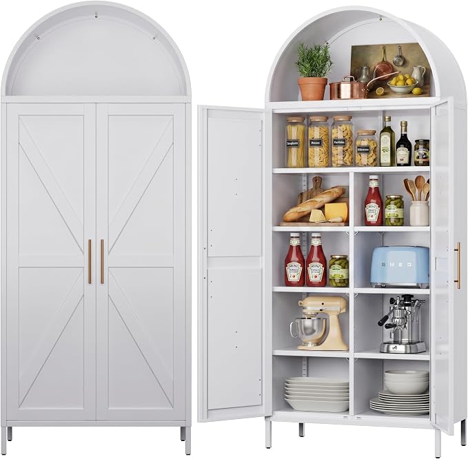 Metal Kitchen Pantry Cabinet, Arched Freestanding Storage Cupboard with Doors and 7 Shelves for Dining Room Coffee Bar, Assembly Required, White, 72.8" H x 30.7" W x 15.4" D