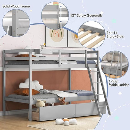 KOTEK Bunk Bed Twin Over Twin with 2 Storage Drawers, Solid Wood Bunk Bed Frame with Storage Cube, Guardrails, Ladder, No Box Spring Needed, Twin Bunk Beds for Kids Teens (Grey)