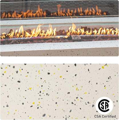 COSIEST Outdoor Propane Fire Pit Coffee Table, 42-inch x 13-inch Terrazzo Rectangle Base Patio Heater w Certified, 50,000 BTU Stainless Steel Burner, Wind Guard, Free Lava Rocks and Rain Cover