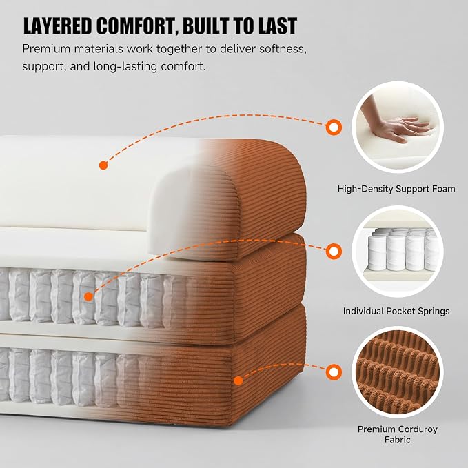 79" Convertible Sleeper Sofa Bed, Corduroy Boneless Fold-Out Couch in a Box, 4-in-1 Loveseat/Futon Couch, High-Density Foam, No Assembly, Side Pockets, 2 Pillows for Small Spaces, Orange