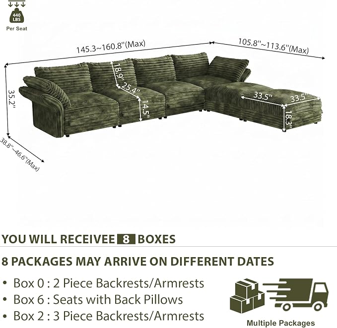 DreamDashio Oversized Sectional Sofa, Extra Wide Deep Seat Detachable Modular Cloud Couch, Certified Corduroy Fabric, Storage & Adjustable Arms, for Spacious Living Room, 6-Seat L-Shaped, Green