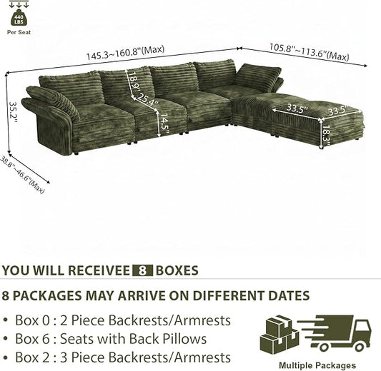 DreamDashio Oversized Sectional Sofa, Extra Wide Deep Seat Detachable Modular Cloud Couch, Certified Corduroy Fabric, Storage & Adjustable Arms, for Spacious Living Room, 6-Seat L-Shaped, Green