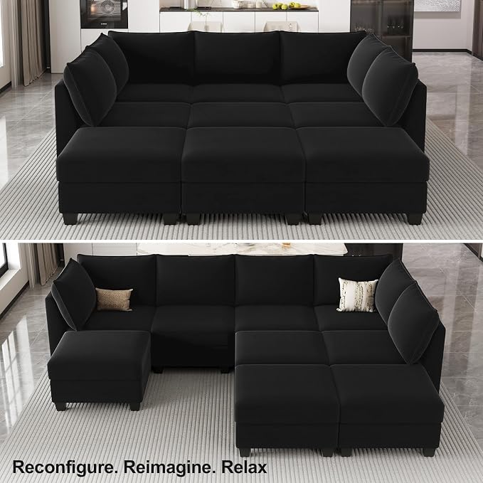Belffin Modular Sectional Sofa Bed with Storage, 9-Seater Velvet Reversible Sleeper Couch for Living Room, Black