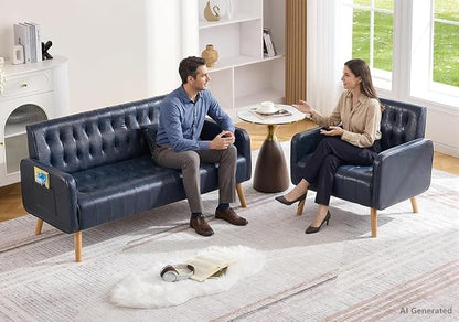Blue Leather Loveseat and Accent Chair, Small Couch w/USB Charging & Pockets, Mid Century Modern Tufted Love Seat and Chair Set, Mini Office Sofa for Living Room, Apartment