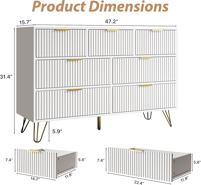 MAISONARIA White Dresser for Bedroom, 7 Drawer Dresser with Gold Pulls, Wide Chest of Drawers for Bedroom, Entryway, 47.2" L x 15.7" D x 31.4" H