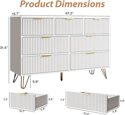 MAISONARIA White Dresser for Bedroom, 7 Drawer Dresser with Gold Pulls, Wide Chest of Drawers for Bedroom, Entryway, 47.2" L x 15.7" D x 31.4" H