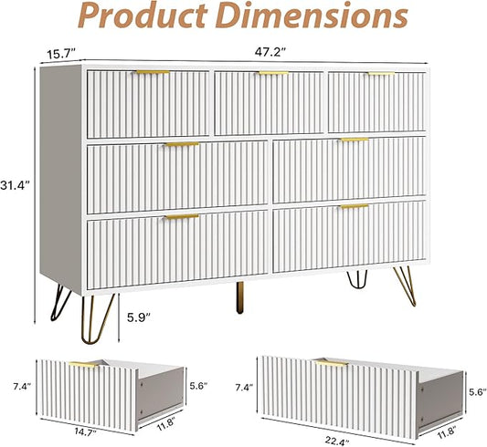 MAISONARIA White Dresser for Bedroom, 7 Drawer Dresser with Gold Pulls, Wide Chest of Drawers for Bedroom, Entryway, 47.2" L x 15.7" D x 31.4" H