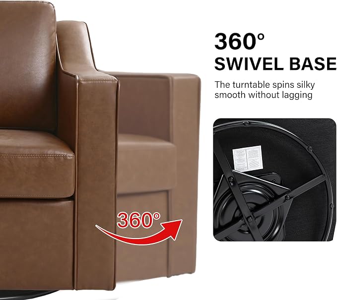 Swivel Accent Chair, Modern Round Barrel Arm Chair for Living Room, Bedroom, Comfy Club Reading Chairs for Adults (Leather Coffee, Set of 1)