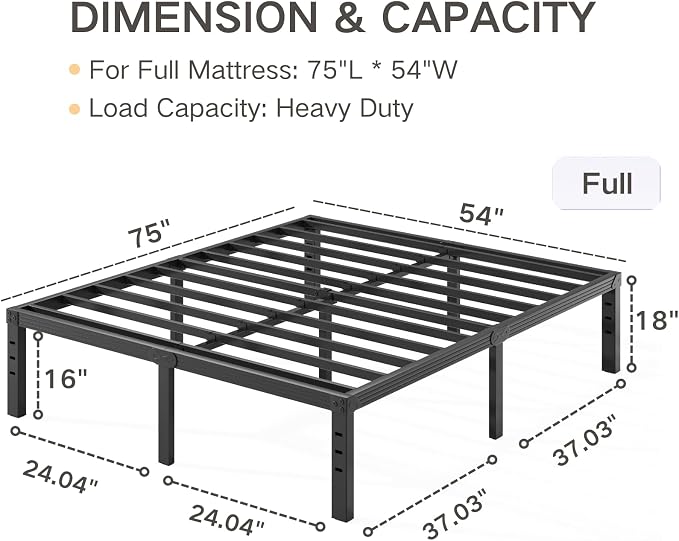 Full Size Bed Frame 18" Tall Heavy Duty Metal Platform Bed Frame,Sturdy Steel Frame,No Box Spring Needed,Noise-Free,Easy Assembly