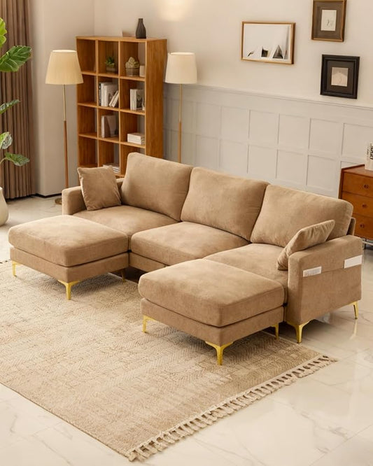 Karl home 99.6" 3-Seat U-Shaped Sectional Sofa, Khaki | Chenille Upholstered, 2 Movable Ottomans, Cloud-Like Seat, 2 Throw Pillows, Comfy Deep Seat, Living Room, Apartment, Office