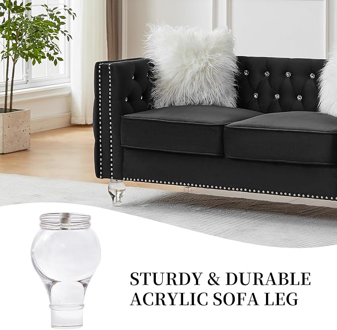 60" Chesterfield Sofa, Velvet Mid-Century Modern Upholstered Loveseat Sofa with 2 Throw Pillows and Acrylic Legs, Nailhead Button Tufted Vintage Couch for Living Room, Apartment, Black
