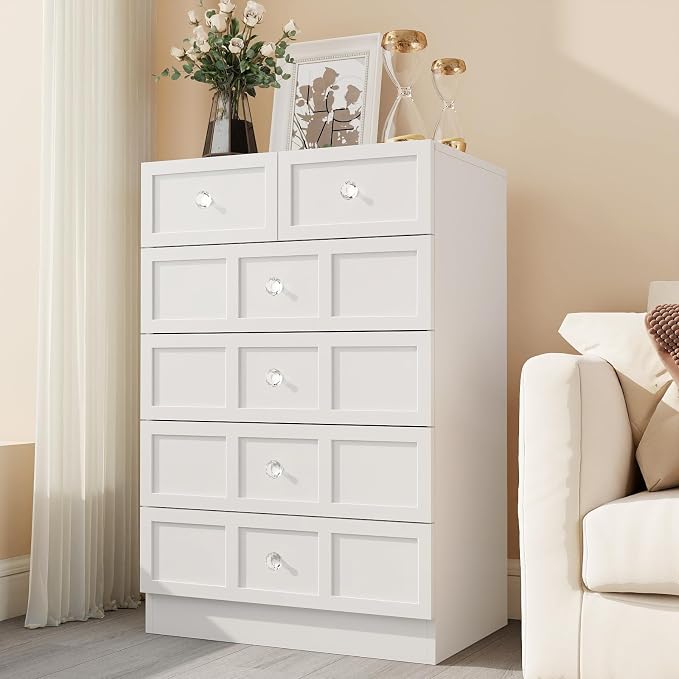 6 Drawer Dresser for Bedroom: 24" White Chest of Drawers with Deep Drawers, Tall Fluted Dresser with Storage, Modern Wood Dressers for Bedroom, Living Room
