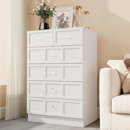 6 Drawer Dresser for Bedroom: 24" White Chest of Drawers with Deep Drawers, Tall Fluted Dresser with Storage, Modern Wood Dressers for Bedroom, Living Room