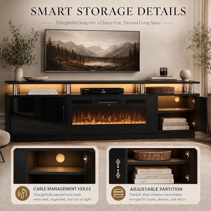 70" TV Stand for Living Room, Modern Entertainment Center & Media Console, Fits TVs up to 80", Storage Cabinet with Shelves, 36" Electric Fireplace with LED Flame (All Black)