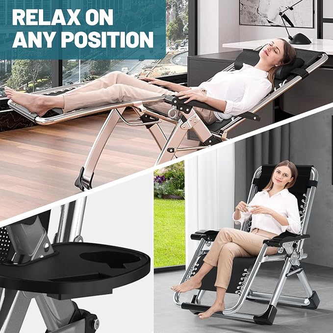 DoCred Zero Gravity Chair, Lawn Recliner, Reclining Patio Lounger Chair, Folding Portable Chaise with Detachable Soft Cushion, Cup Holder, Headrest