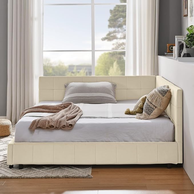 KEIKI Full Size L Shape Corner Bed Frames with Backrest and Armrests, Velvet Upholstered Sofa Daybed for Small Room, Living Room, Bedroom, Guest Room, Kids' Room