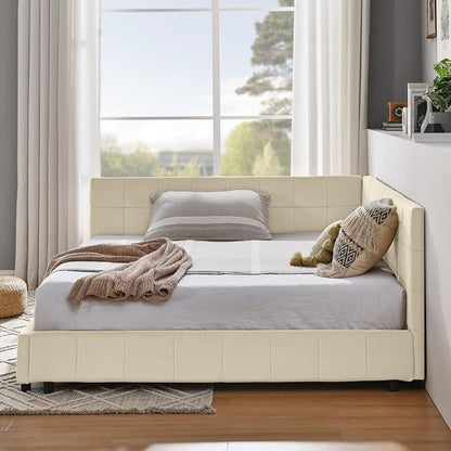 KEIKI Full Size L Shape Corner Bed Frames with Backrest and Armrests, Velvet Upholstered Sofa Daybed for Small Room, Living Room, Bedroom, Guest Room, Kids' Room