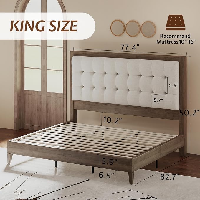 Jocisland Solid Wood King Size Bed Frame 50.2" Tall Upholstered Headboard, Mid-Century Style, Stable Platform Support, No Box Spring Needed, Ash Gray