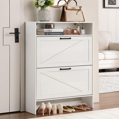 RWYHG Shoe Cabinet Storage for Entryway with 2 Flip Drawers Open Storage Layer Rack Narrow Organizer Slim Hidden Wood Shoe Cabinet Furniture White
