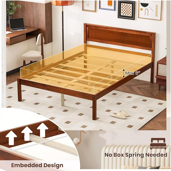 Giantex Full Size Wood Platform Bed with Headboard, Mid Century Solid Wood Full Bed with Slat Support, Double Bed Frame with 16" Under Bed Storage, No Box Spring Needed, Easy Assembly, Walnut