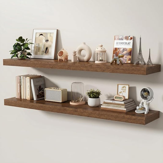 Floating Shelves for Wall, 55 Inch x 8 Inch Deep Wall Mounted Wood Shelf with Invisible Brackets for Storage & Display, Living Room Bedroom Kitchen, Walnut, Set of 2
