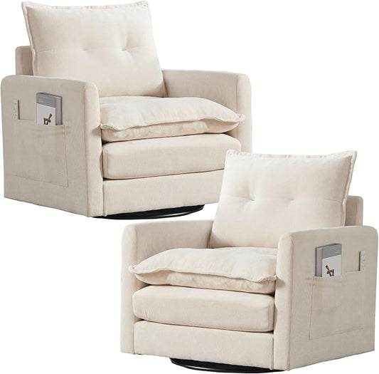 Swivel Accent Chair Set of 2, Modern Swivel Barrel Chair for Living Room, 360 Degree Comfy Square Accent Barrel Chair, Upholstered Sofa Armchair for Bedroom,Reading, Chenille, Beige