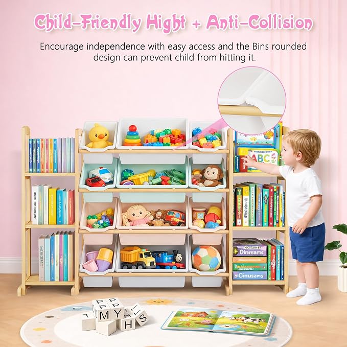 Kids Toy Storage Organizer with Bookshelf – Wooden Shelf with 12 Bins & 6 Shelves, Quick Assembly Storage Rack for Playroom, Bedroom, Nursery – Colorful