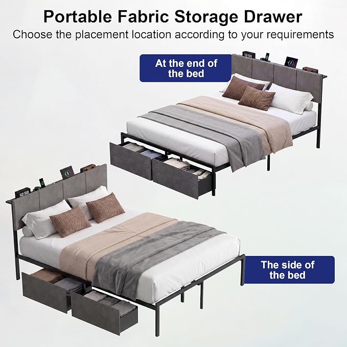 J.Fkne Full Bed Frame with Charging Station and LED Lights, Metal Platform Bed with 2 Storage Drawers, Upholstered Headboard, Noise Free, No Box Spring Needed, Easy Assembly