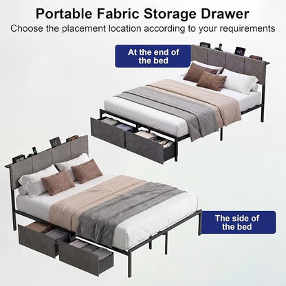 J.Fkne Full Bed Frame with Charging Station and LED Lights, Metal Platform Bed with 2 Storage Drawers, Upholstered Headboard, Noise Free, No Box Spring Needed, Easy Assembly
